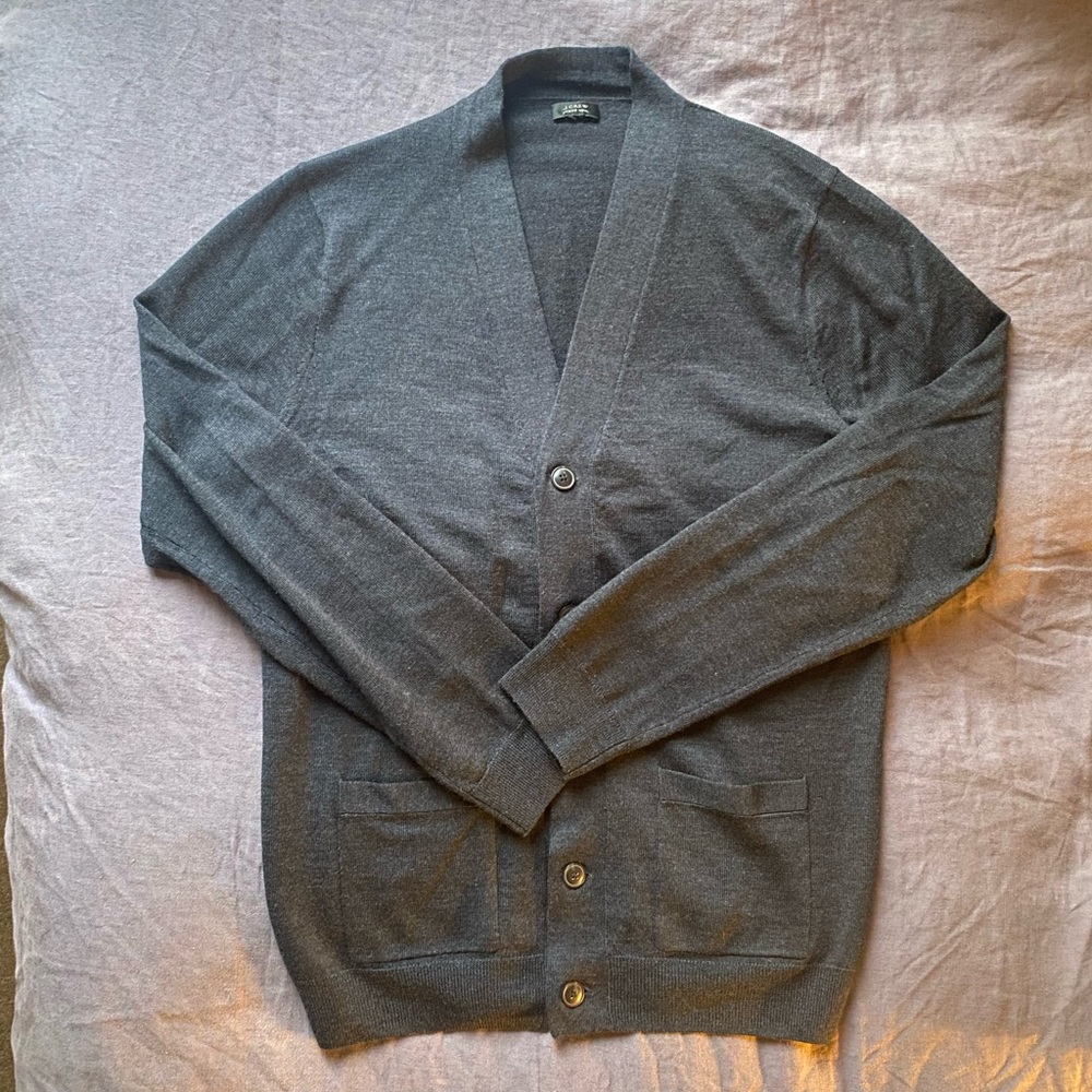J. Crew Gray Cardigan Sweater Medium Merino Wool